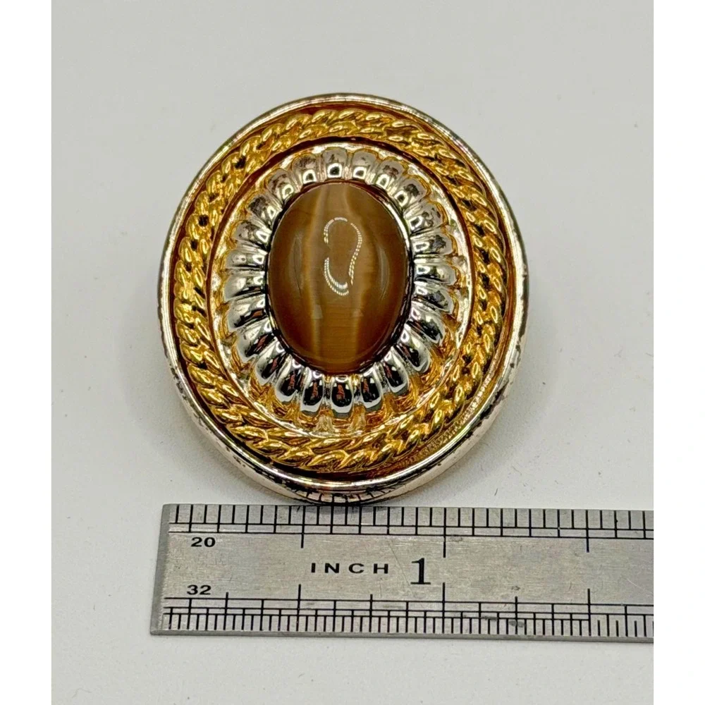 Vintage Gold and Silver Tone Scarf Clip Rope Style Border Tiger's Eye Stone